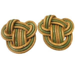 Vintage Wicker Knot Screw Back Earrings - Green & Natural Tone, Retro Boho Chic